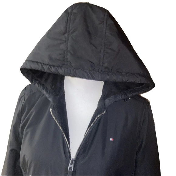 Tommy Hilfiger Womens Medium Black Faux Fur Lined Short Jacket Bomber Jacket EUC - Picture 2 of 10